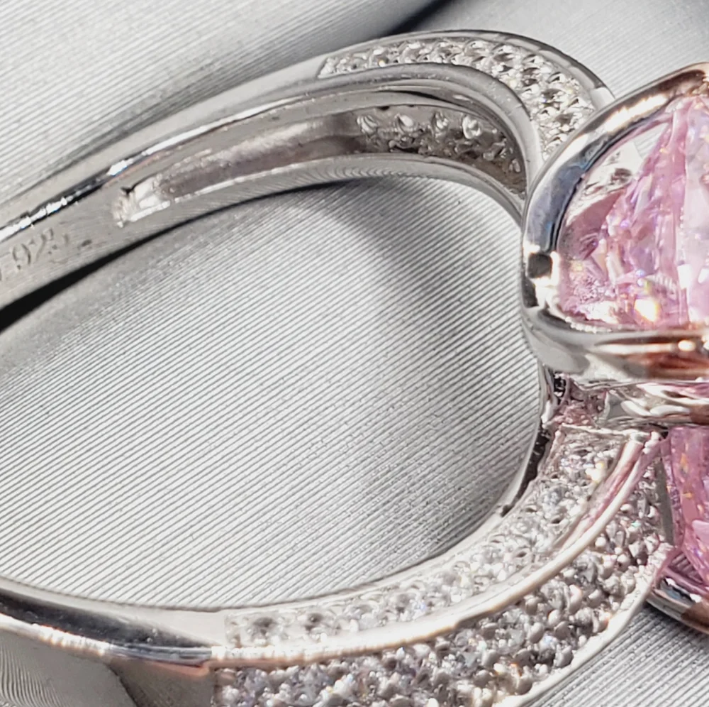 Pink Double Heart Silver Ring